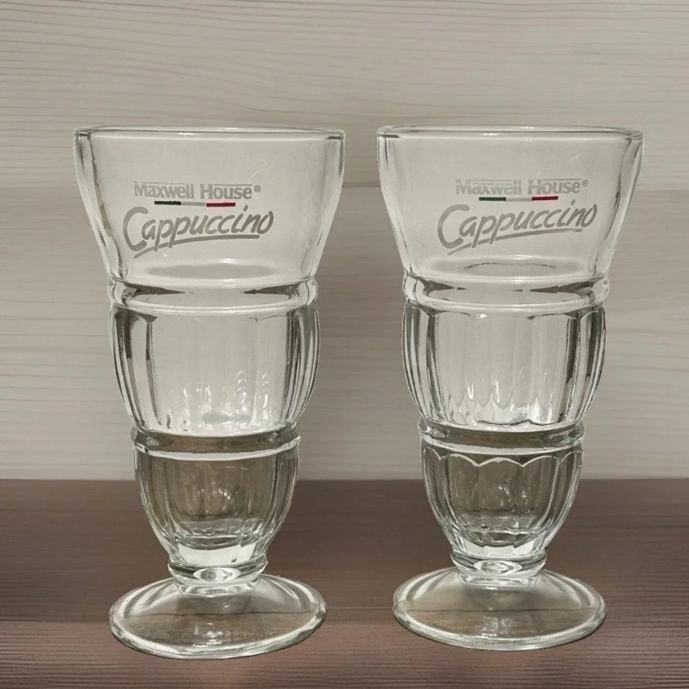 Maxwell House Cappuccino Glass Cups Clear Footed Dessert Ice Cream Sundae Set/2
